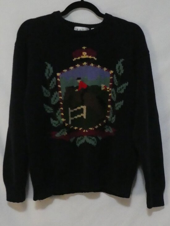Tabi International Sweaters - Vintage TABI INTERNATIONAL Equestrian Horse Crest Knit Sweater Navy - Size XL